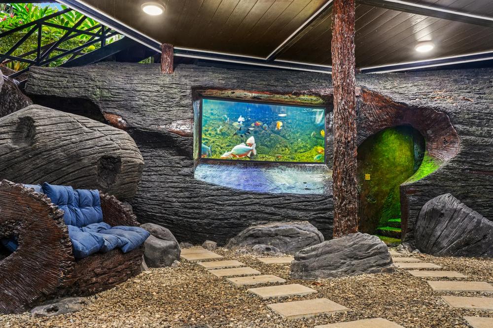 Aquarium set into a rock grotto wall, El Genio Estate