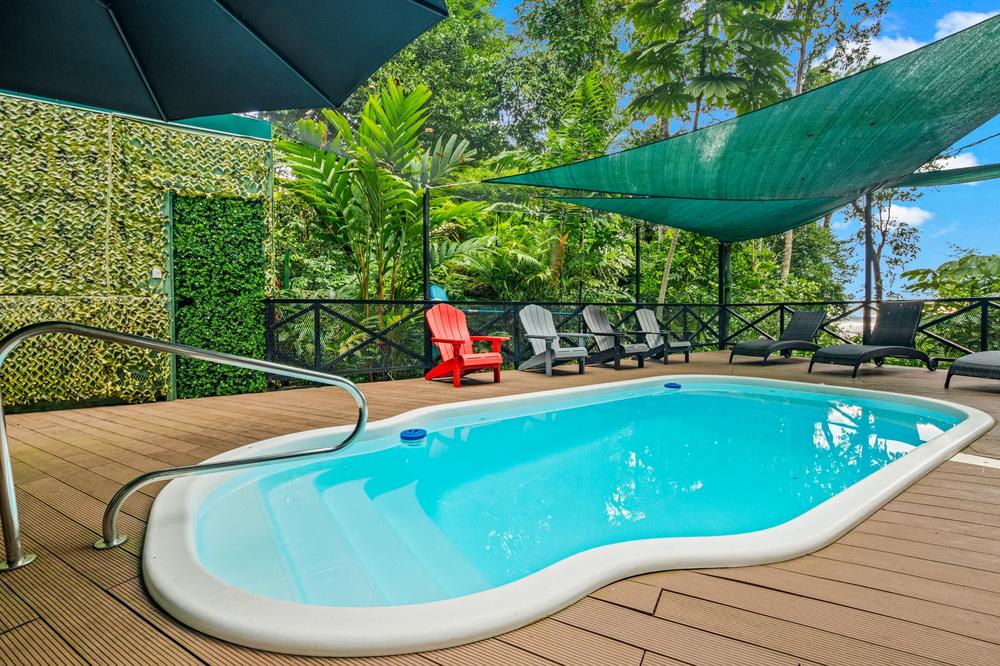 Pool deck and shaded lounge, El Genio Estate