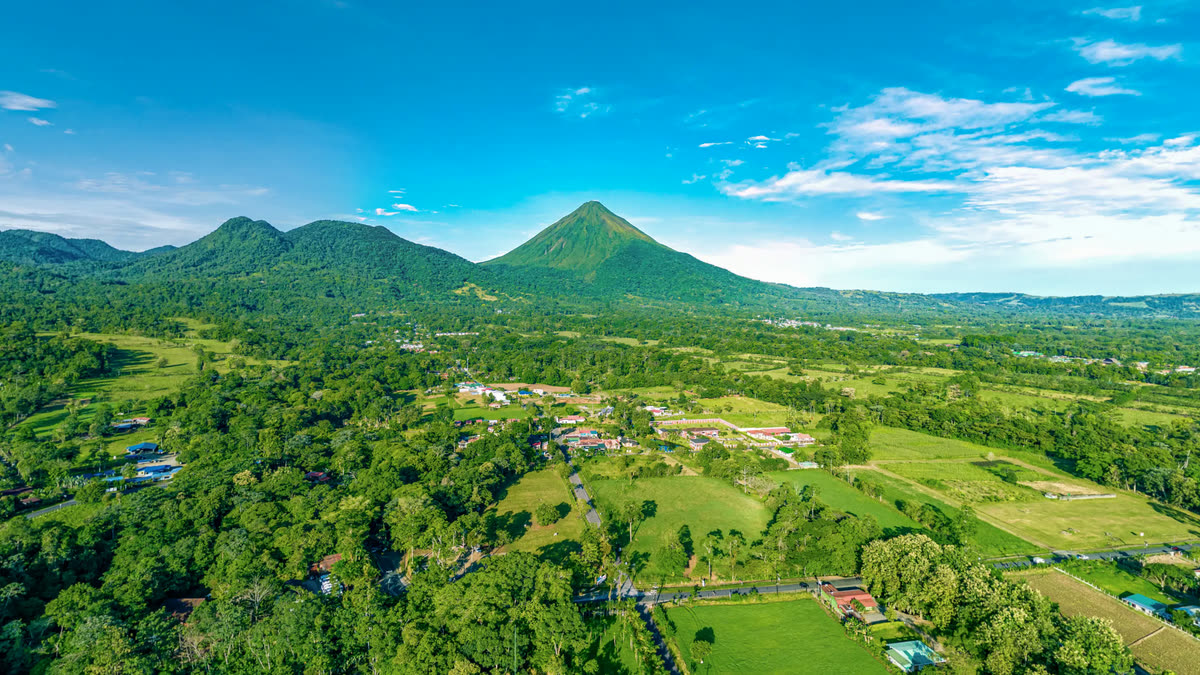 Aerial 360° view over Arenal Volcano from the Casa del Rio virtual tour in La Fortuna, Costa Rica